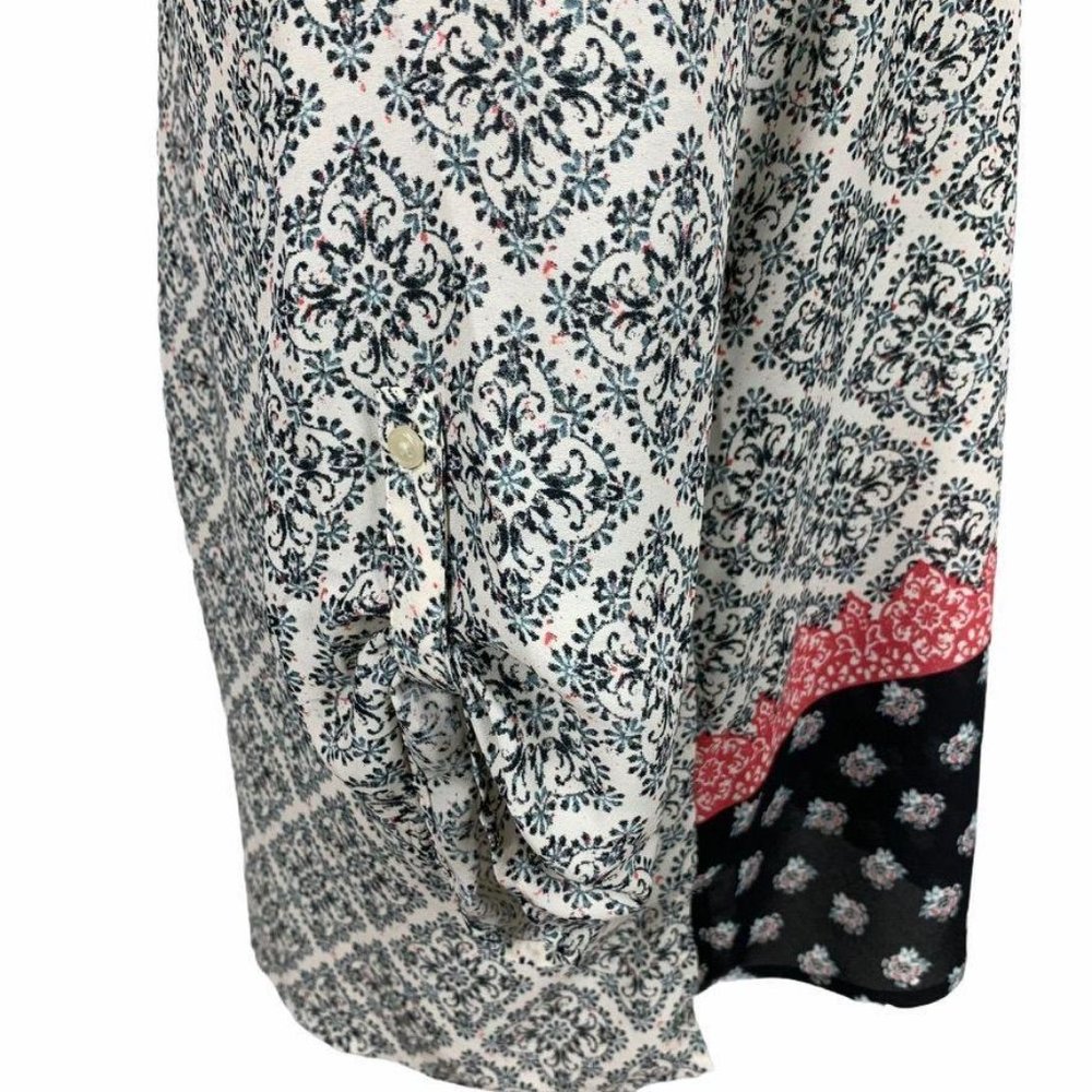 Maurices Mixed Print Blouse Button Tab Sleeve L - image 5